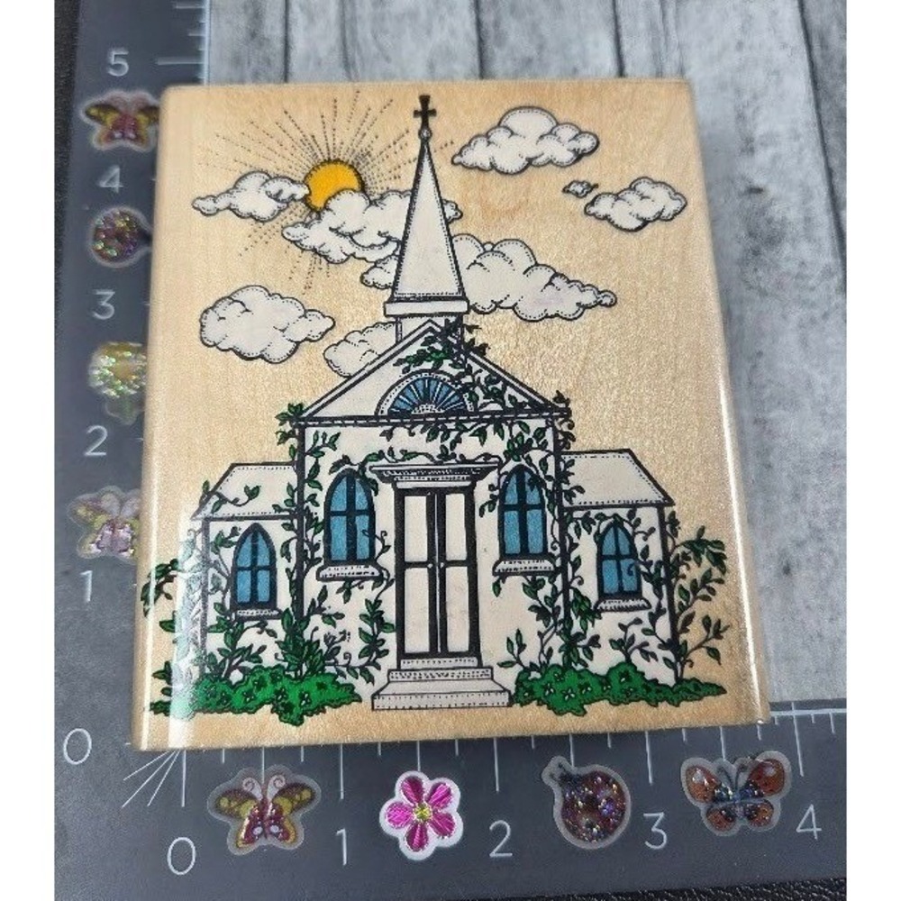 Inkadinkado Church Chapel Ivy Sun 4081 Rubber Stamp Wood #C12
